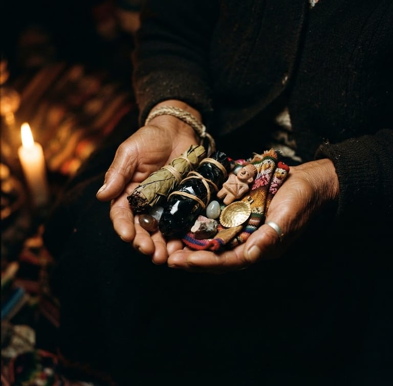 Close-up of hands holding sacred Andean ceremonial objects, warm candlelight, deep shadows, rich gold and obsidian tones, mystical editorial photography