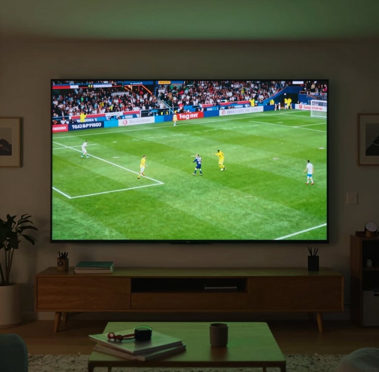 Wide panoramic environmental shot of a cozy, low-lit living room where a massive wall-mounted screen displays a fast-paced soccer match, vibrant green field casting a soft neon glow.