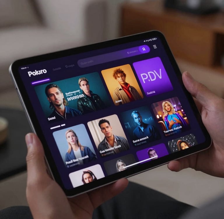 Angled close-up of a high-resolution tablet screen displaying a premium streaming interface with dark obsidian backgrounds and violet neon highlights, held in a modern living space.