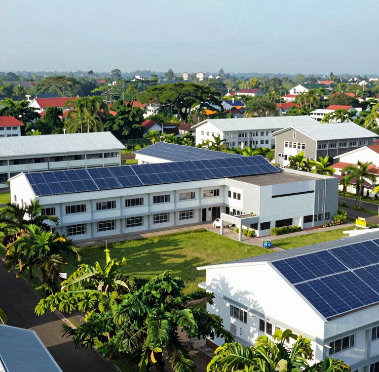 Wide environmental shot of a lush green Indonesian school campus, modern architectural details with solar panels, bright morning daylight, clean editorial style.