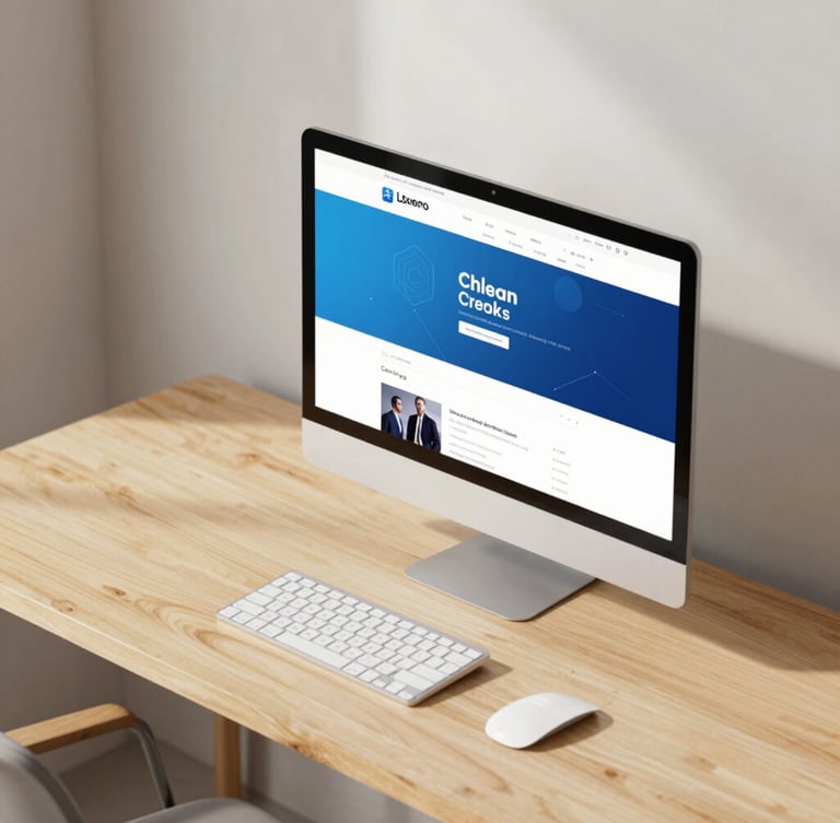 Isometric clean view of a minimalist home office desk in daylight, a high-end monitor displaying a sleek web design mockup, soft shadows, warm wood textures