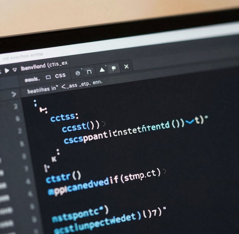 Macro close-up of a code editor showing beautifully formatted, clean CSS and HTML on a dark screen with soft blue syntax highlighting, warm ambient lighting
