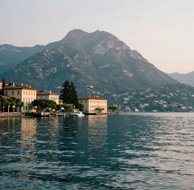 Elegant editorial photography of Lake Maggiore shoreline at sunrise, soft natural lakeside light, deep teal water, calm atmosphere, medium format