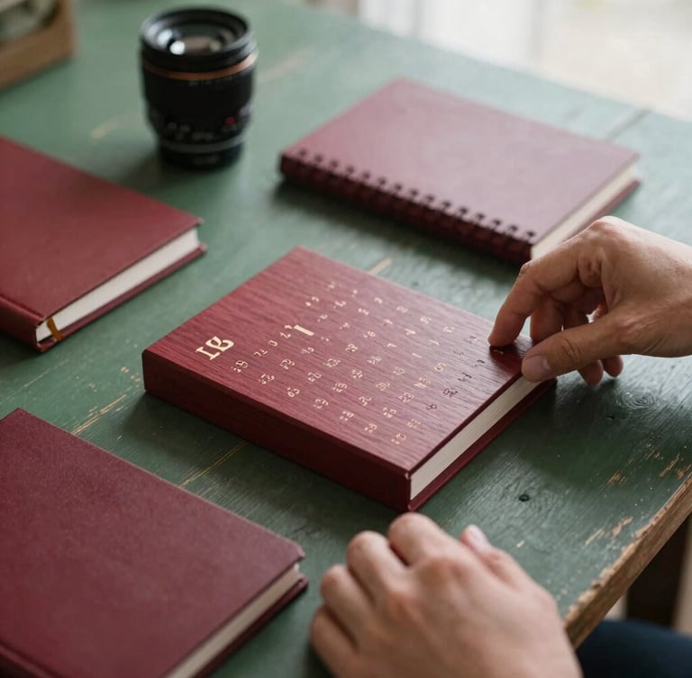 Close-up of hands carefully arranging beautifully crafted wooden calendars and corporate notebooks on a dark green rustic table, soft overcast morning light, 35mm lens, matte finish
