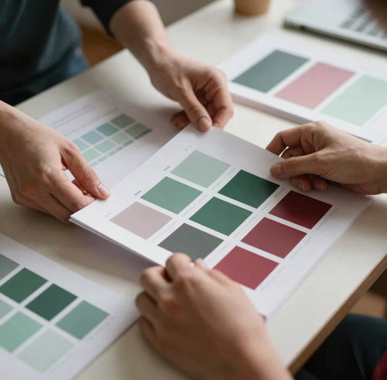 Behind-the-scenes agency work, hands arranging brand guidelines and color swatches on a table, soft daylight, matte finish