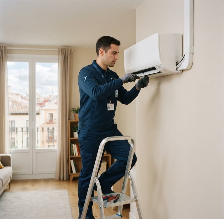 Clean editorial photography of a professional technician in a clean uniform installing a modern white indoor air conditioning unit in a bright Madrid apartment, natural daylight, 35mm