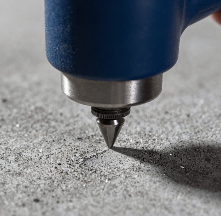 Macro close-up of a planetary diamond grinder profiling a concrete floor, sharp directional light highlighting concrete dust and metallic grit, high-contrast industrial photography