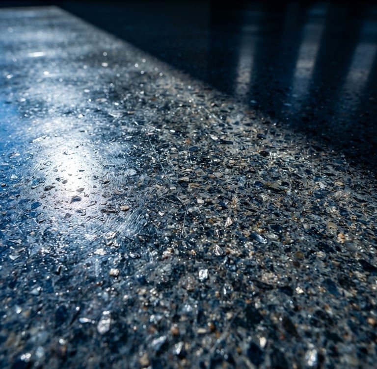 Macro close-up of a flawless polished concrete surface with metallic reflections, sharp directional light highlighting the fine aggregate texture, high contrast.