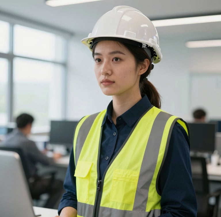 Medium close-up of a professional female road safety engineer in a high-visibility vest inside a modern transport planning office, high-key studio lighting, highly realistic digital human