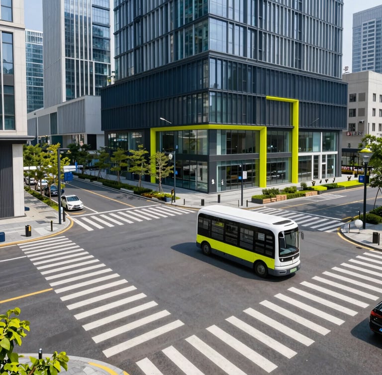 Wide panoramic shot of a modern clean smart city intersection in daylight, sharp architectural lines, a pedestrian crossing safely, autonomous shuttle passing by, crisp editorial photography.