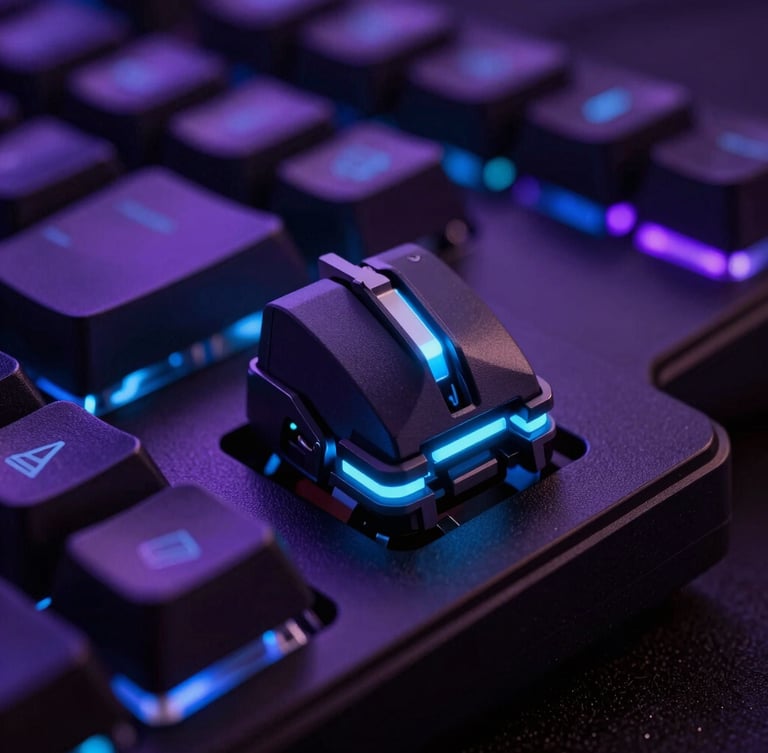 Macro shot of a high-end mechanical gaming keyboard switch with neon blue backlight, sleek obsidian keycaps, low-key dramatic studio lighting