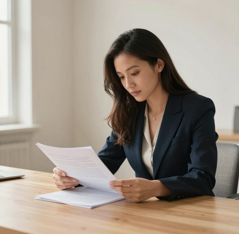 Environmental portrait of a professional woman reviewing documents at a clean wooden desk, soft natural light from a window, warm editorial style, 35mm