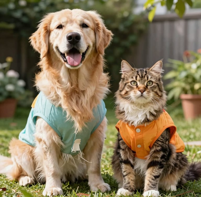 A happy Golden Retriever and a fluffy tabby cat sitting together in a sunlit garden, wearing colorful custom-made shirts, bright natural daylight, 35mm lens