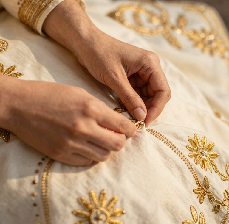 Close-up of hands detailing golden tilla embroidery on ivory fabric, rich textile textures, warm editorial fashion photography, shallow depth of field