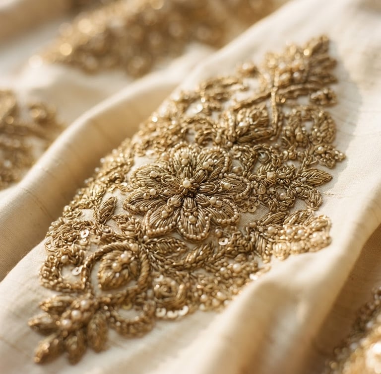Macro close-up of intricate gold tilla and zardozi embroidery on ivory raw silk fabric, soft golden-hour light highlighting the rich textures, elegant drape