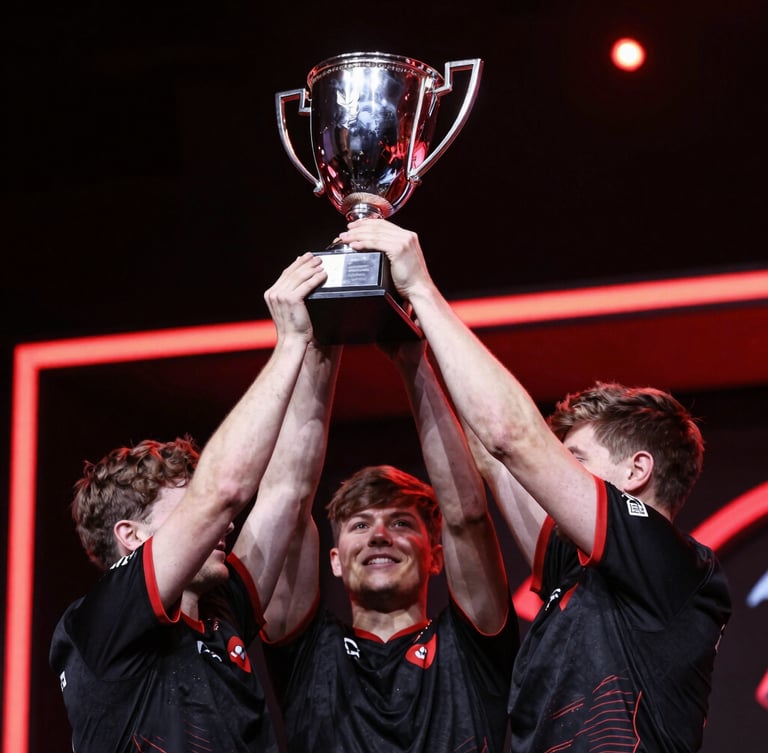 Dynamic low-angle shot of professional esports athletes lifting a silver trophy under dramatic crimson red rim lights, high-contrast studio lighting, 35mm