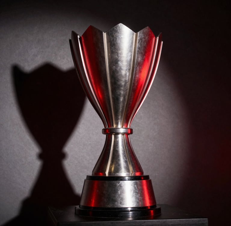 Dramatic esports trophy lift, high-contrast studio lighting, deep shadows, crimson red rim light, sharp focus, 35mm