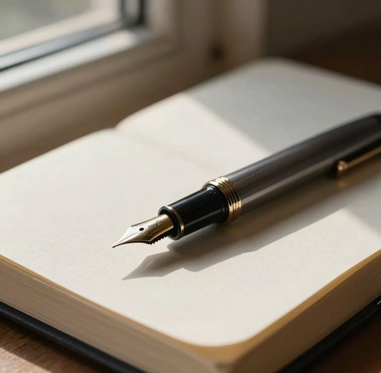 Close-up detail of a fountain pen resting on an open linen journal, soft natural morning light from a side window, warm shadows, minimalist editorial styling.