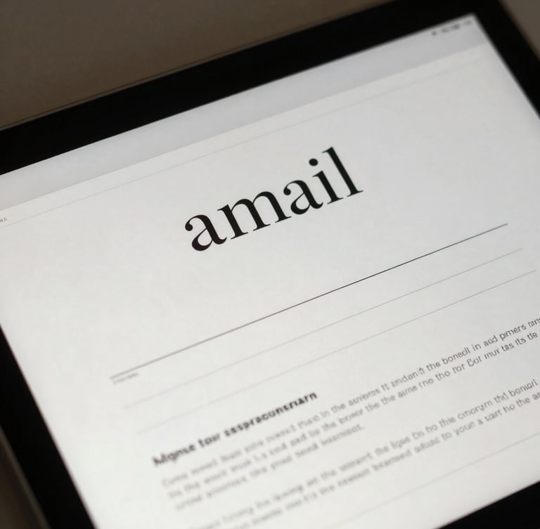Close-up detail of a minimalist, elegant email newsletter layout on a tablet screen, soft natural side-light, warm shadows, clean serif typography.