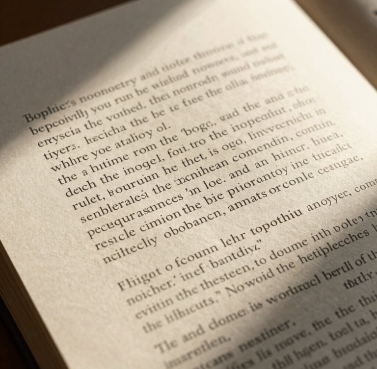 A close-up of beautifully typeset editorial copy printed on thick, textured warm cream paper, soft natural morning light casting gentle shadows across the page.
