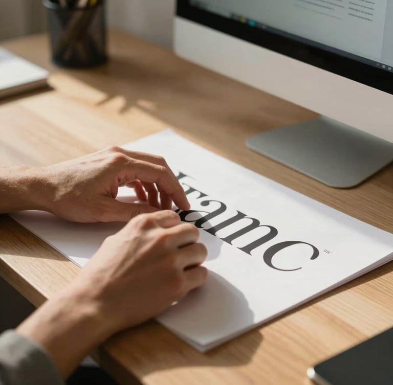 Close-up of a designer's hands arranging minimalist typography layouts on a high-resolution display, warm morning sunlight casting soft shadows across a clean oak desk.