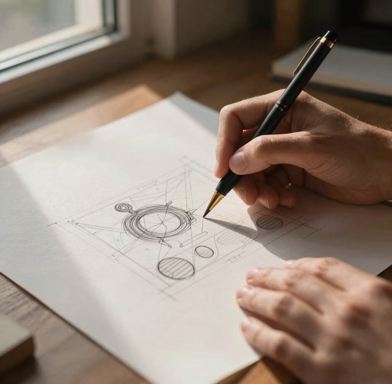 Close-up of a designer's hands sketching a layout on premium textured paper, soft indirect daylight from a nearby window, warm shadows, elegant and quiet atmosphere.