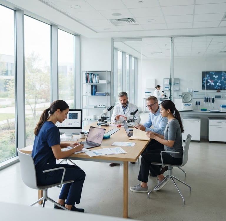 Wide environmental shot of focused individuals in a bright, modern clinical study room, soft diffused natural daylight, clean architectural lines, 50mm lens.