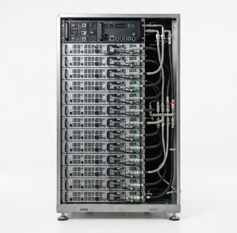 Crisp industrial product photography of a de-branded modular liquid-cooled energy storage rack, bright even studio light, clean white background, sharp technical details, 50mm lens