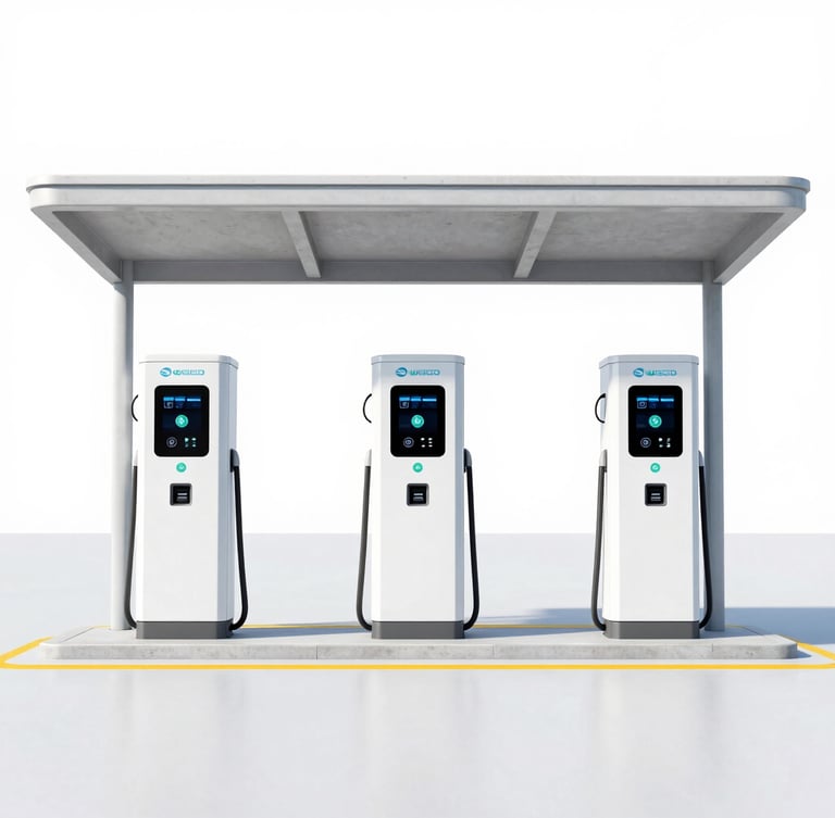 A clean, straight-on wide shot of a modern electric bus charging station in a bright Asian transit hub, featuring de-branded white DC fast chargers under a clean concrete canopy