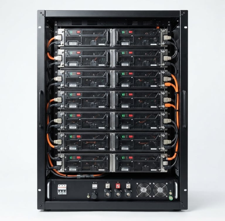 Crisp industrial product photography of modular battery racks, bright studio lighting, clean white background, sharp technical details