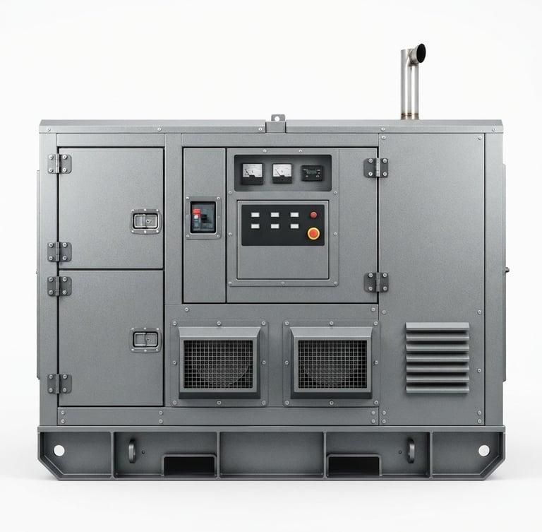 Technical straight-on product shot of a de-branded soundproof diesel generator, clean white background, sharp metallic housing, industrial detail, bright even studio lighting