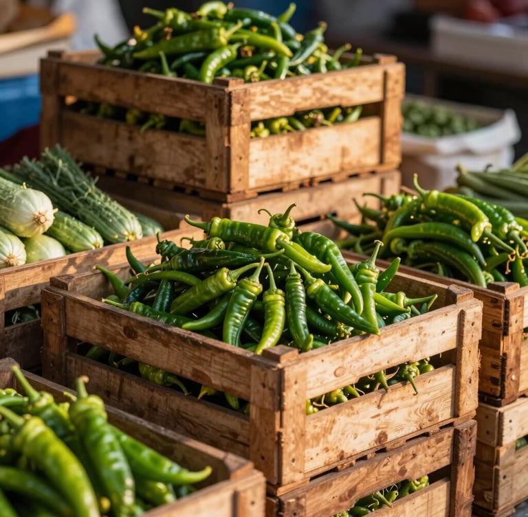 A close-up of heavy wooden crates stacked with fresh green chillies and local vegetables at Sardar Market Yard, early morning golden hour lighting, 35mm lens.