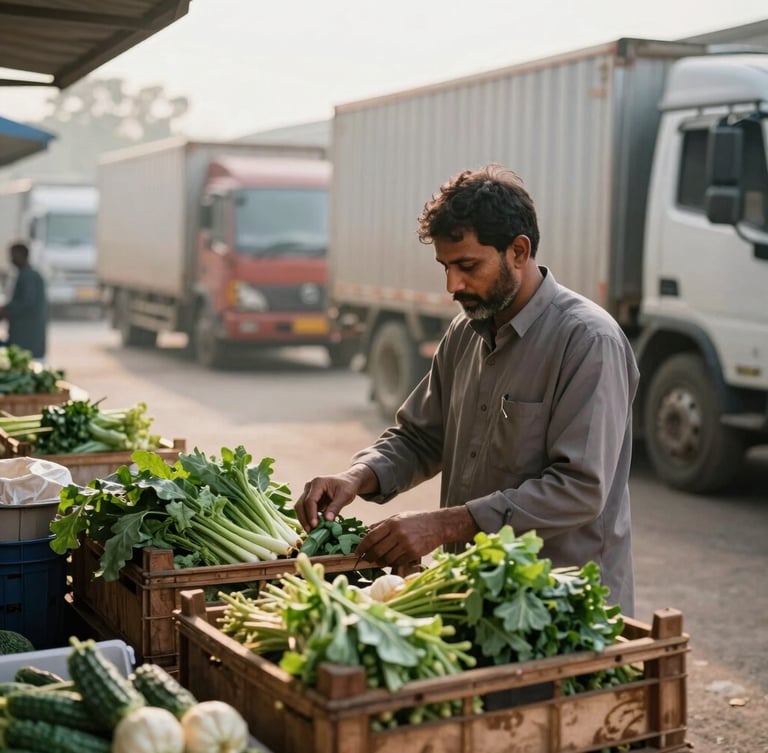 Environmental portrait of an inspector examining wholesale vegetables in wooden crates inside Sardar Market Yard, early morning light, trucks blurred in background.
