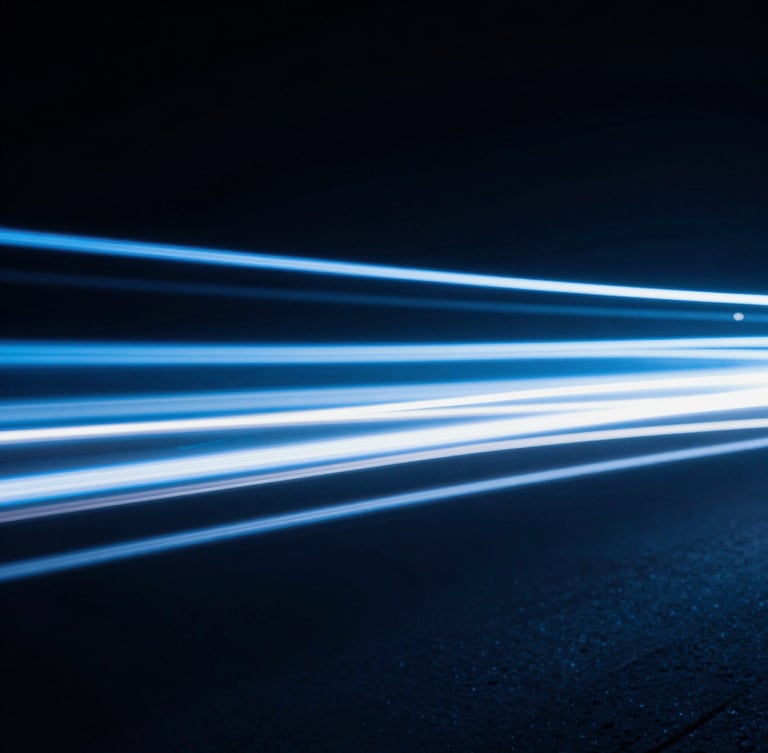 Abstract light trails representing data movement, high contrast, cool blue tones, dark background