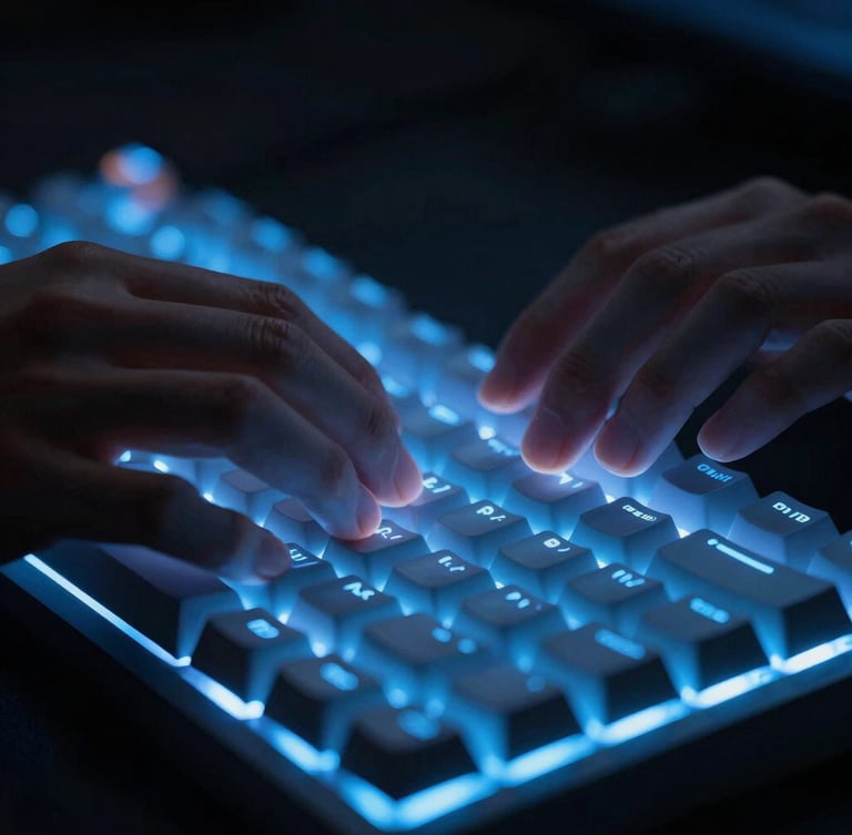 Macro close-up of developer hands typing on a mechanical keyboard with glowing cool blue backlights, high contrast, dark-toned editorial style