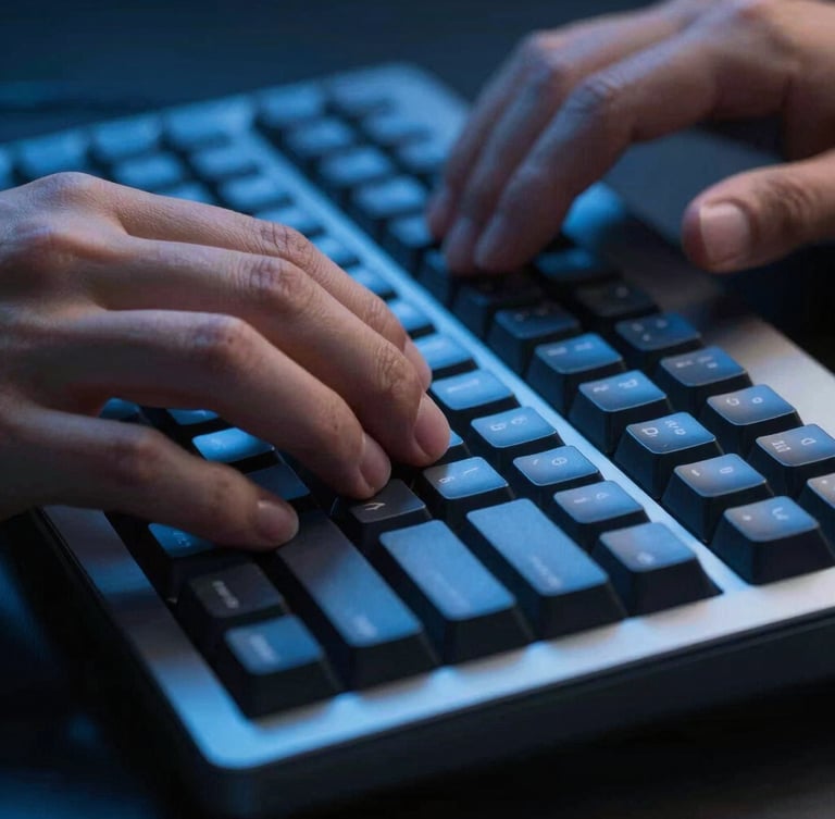 Macro close-up of developer hands typing on a sleek mechanical keyboard, cool blue studio lighting, high contrast, sharp focus, 35mm lens