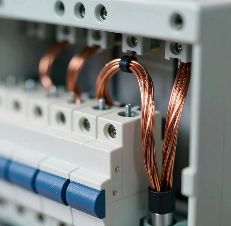 Macro shot of perfectly routed copper wires inside a newly installed clean breaker panel, bright daylight, technical precision.