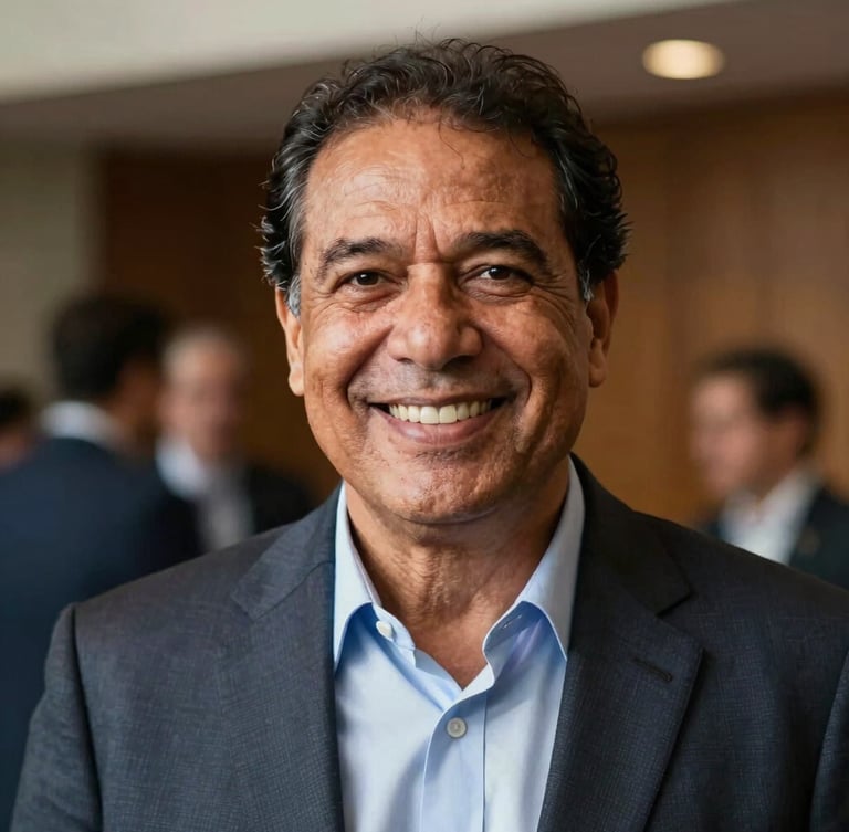 Expressive medium portrait of Ju Sousa with a genuine smile, warm natural daylight, shallow depth of field, corporate professional setting.