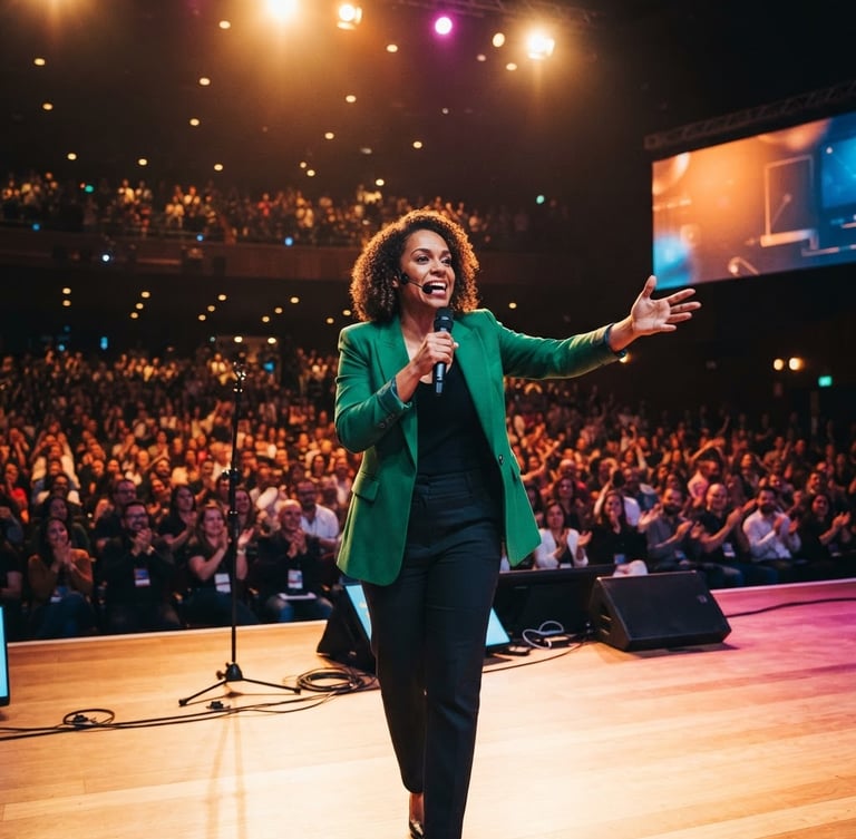 Dynamic wide shot of Ju Sousa speaking live on stage, gesturing energetically to a large corporate audience, high-contrast stage lighting, warm editorial style.