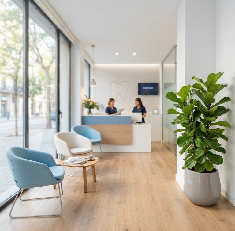 Recepción luminosa de una clínica dental moderna, con tonos azules y blancos, luz natural entrando por grandes ventanales, sillas cómodas y una planta verde decorativa en el tercio derecho, creando un ambiente acogedor. Estilo: bright clinical photography, soft natural window light, clean blue and white tones, shallow depth of field.