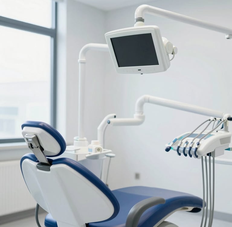 A modern, bright dental treatment room (gabinete dental) with advanced digital dental equipment, a comfortable patient chair, and clean, minimalist design. Natural light, blue and white tones, shallow depth of field.