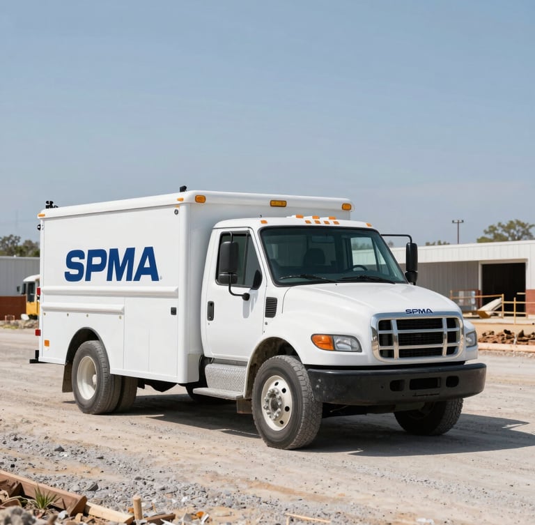 A clean, medium shot of a white utility truck with SPMA branding parked on a gravel staging area of a commercial job site, bright Texas daylight, 35mm.