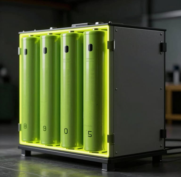 Dramatic portrait-oriented shot of a modern clean-tech battery storage unit, sharp neon chartreuse edge-lighting, high-contrast dark environment.