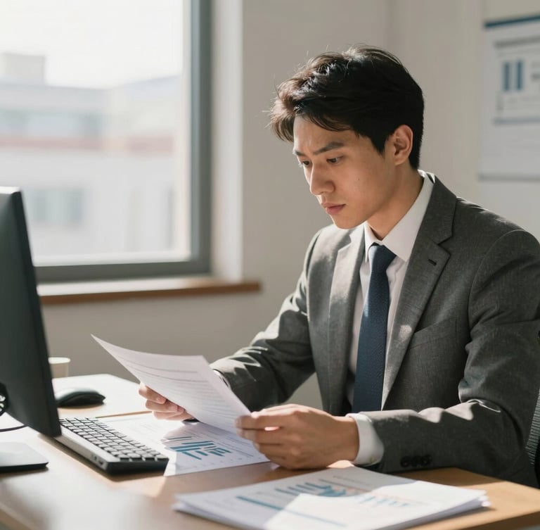 Medium-close shot of a professional accountant in a bright Quito office analyzing financial reports with warm daylight streaming through the window, clean composition