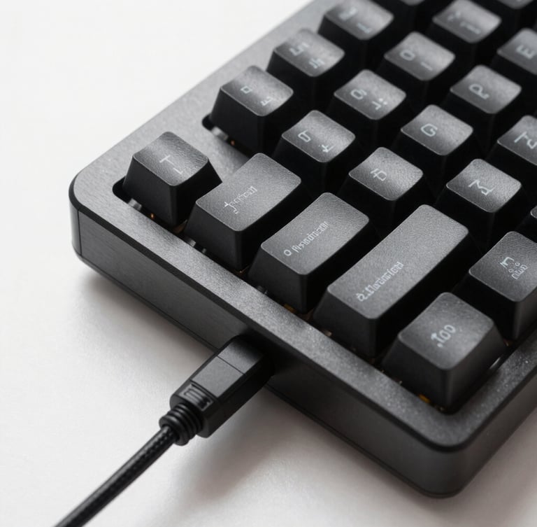 Top-down macro shot of a sleek matte black mechanical keyboard, brushed aluminum chassis, braided cable, soft side-lit studio lighting, deep shadows.