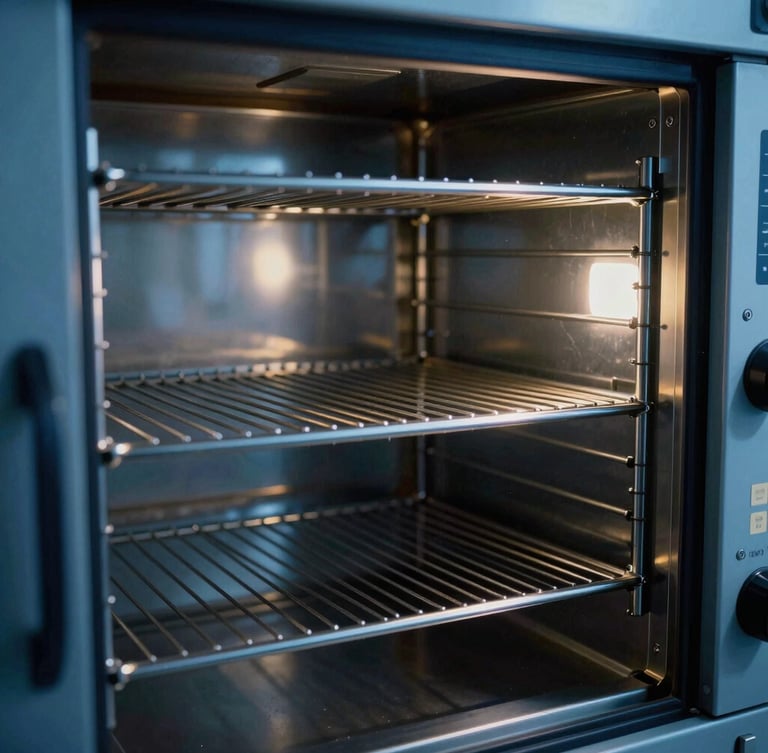 Close-up of a high-tech laboratory oven interior with clean metallic racks, dramatic blue lighting with soft yellow highlights, sharp technical focus, 35mm