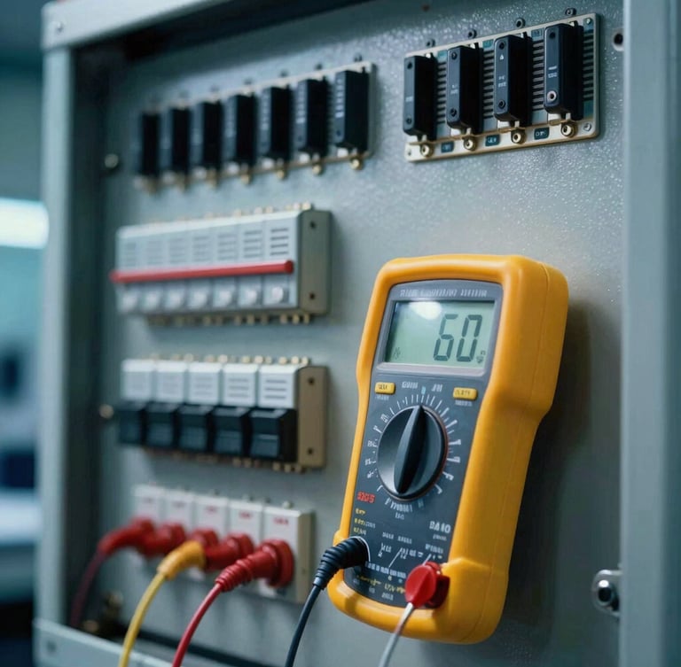 High-contrast close-up of a professional multimeter testing a complex electrical control panel inside a clean laboratory, safety yellow details, sharp focus, 35mm