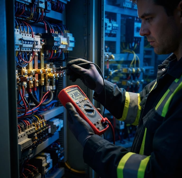Close-up of a technician in high-visibility gear measuring voltage with a digital multimeter on an industrial electrical panel, dramatic blue and yellow lighting, sharp focus, 35mm