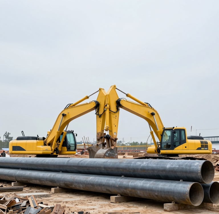 Wide environmental shot of heavy industrial construction site, yellow excavators and steel pipeline sections under a crisp overcast sky, cool steel tones, sharp detail.