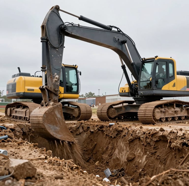 Close-up of a heavy excavator digging a precise trench for pipelines, high-visibility safety gear visible, overcast daylight, sharp focus.